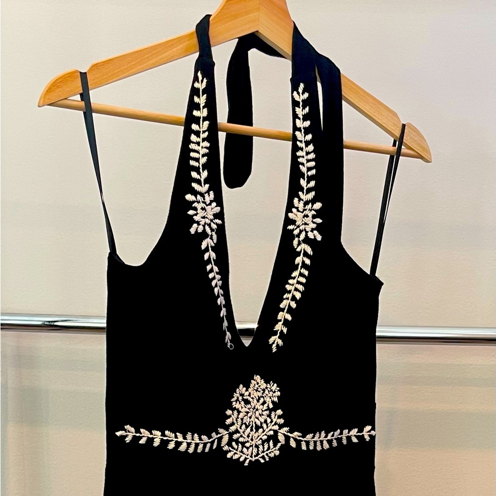 White House Black Market Black with white Embroidered Halter Dress
